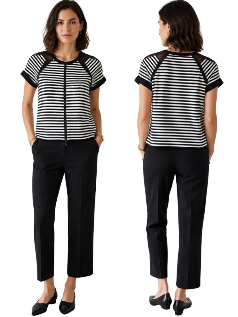 Lafayette 148 Striped Mesh Panel Full Zip Blazer Jacket Women's P XS Black White